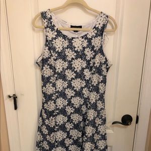 Blue and white floral dress with white coverup.